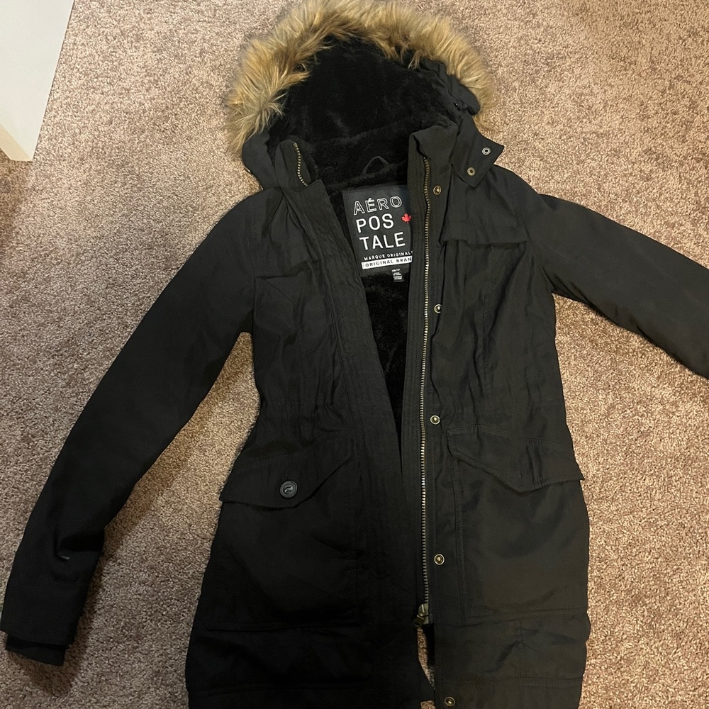 Aeropostale Women's Black Utility Jacket with Fur Hood